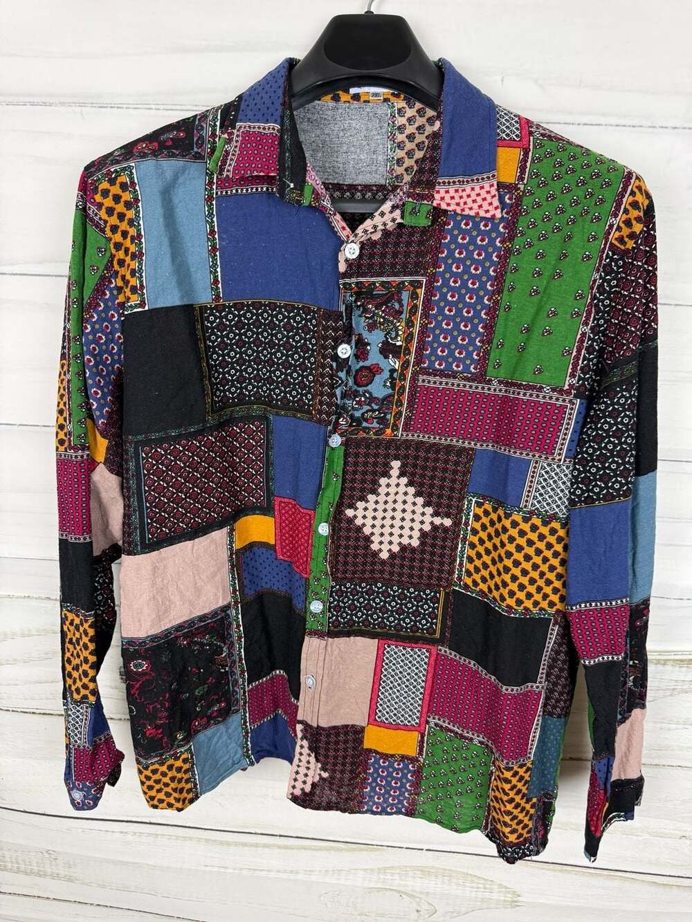 QZH.DUAO Multi-Color Patchwork Print Long Sleeve Button Down Shirt Size 2XL